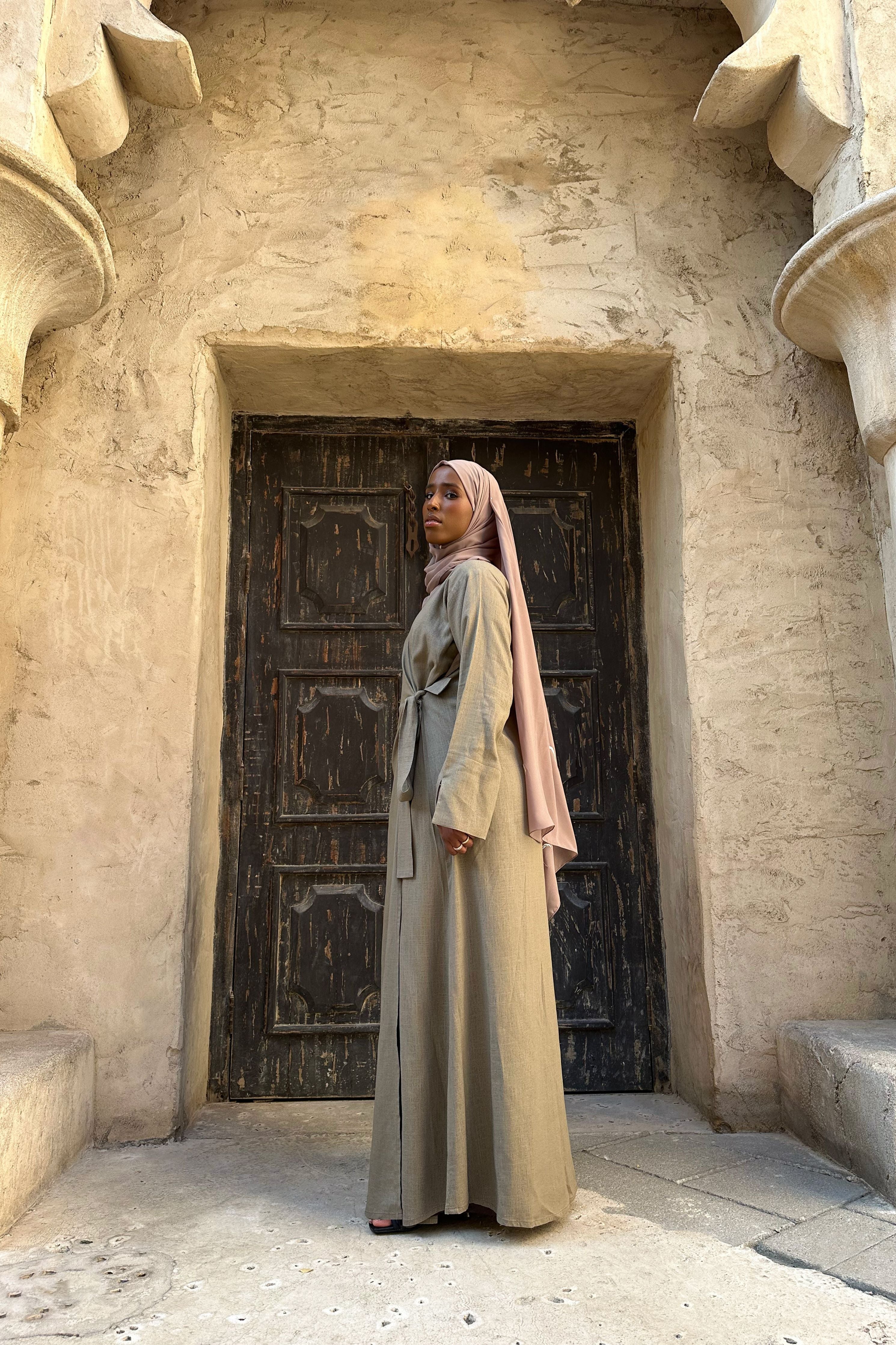 Linen Khaki Abaya with Wrap Detail and Moon Hijab