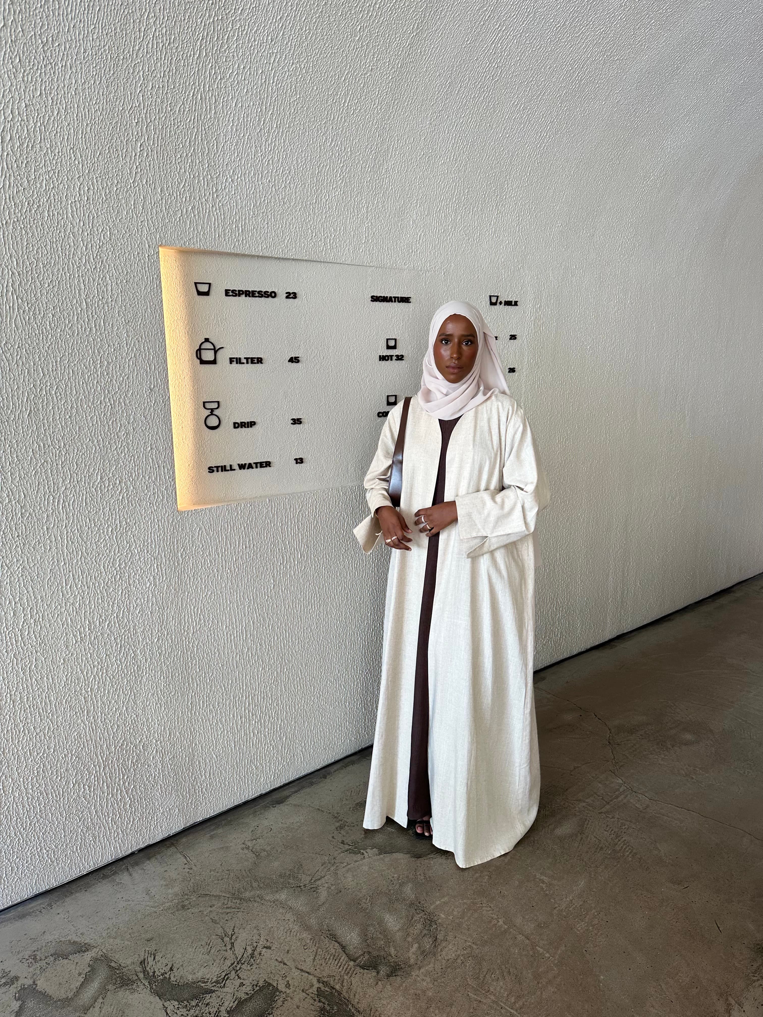 Linen Beige Open Abaya With Moon Hijab