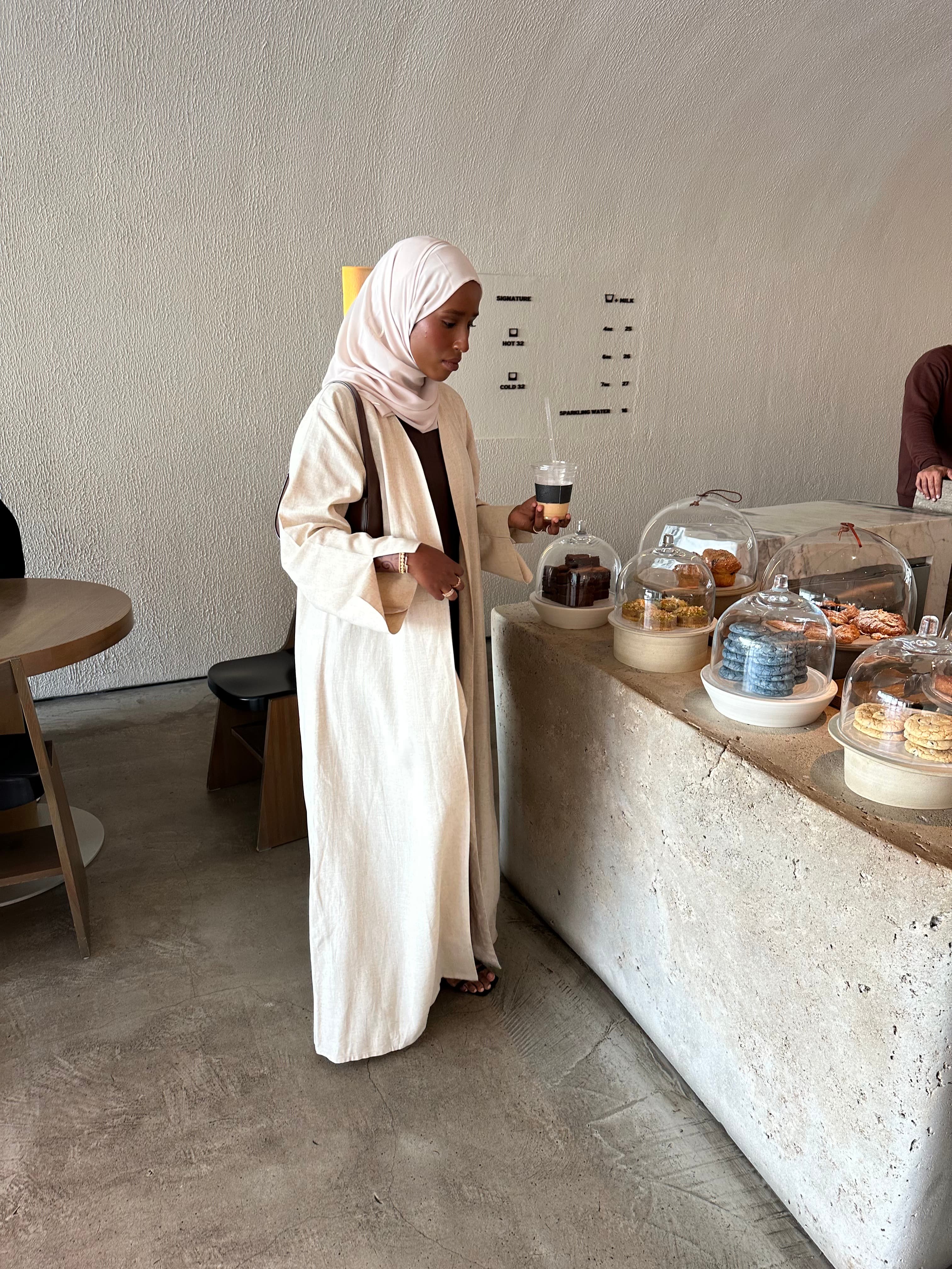 Linen Beige Open Abaya With Moon Hijab