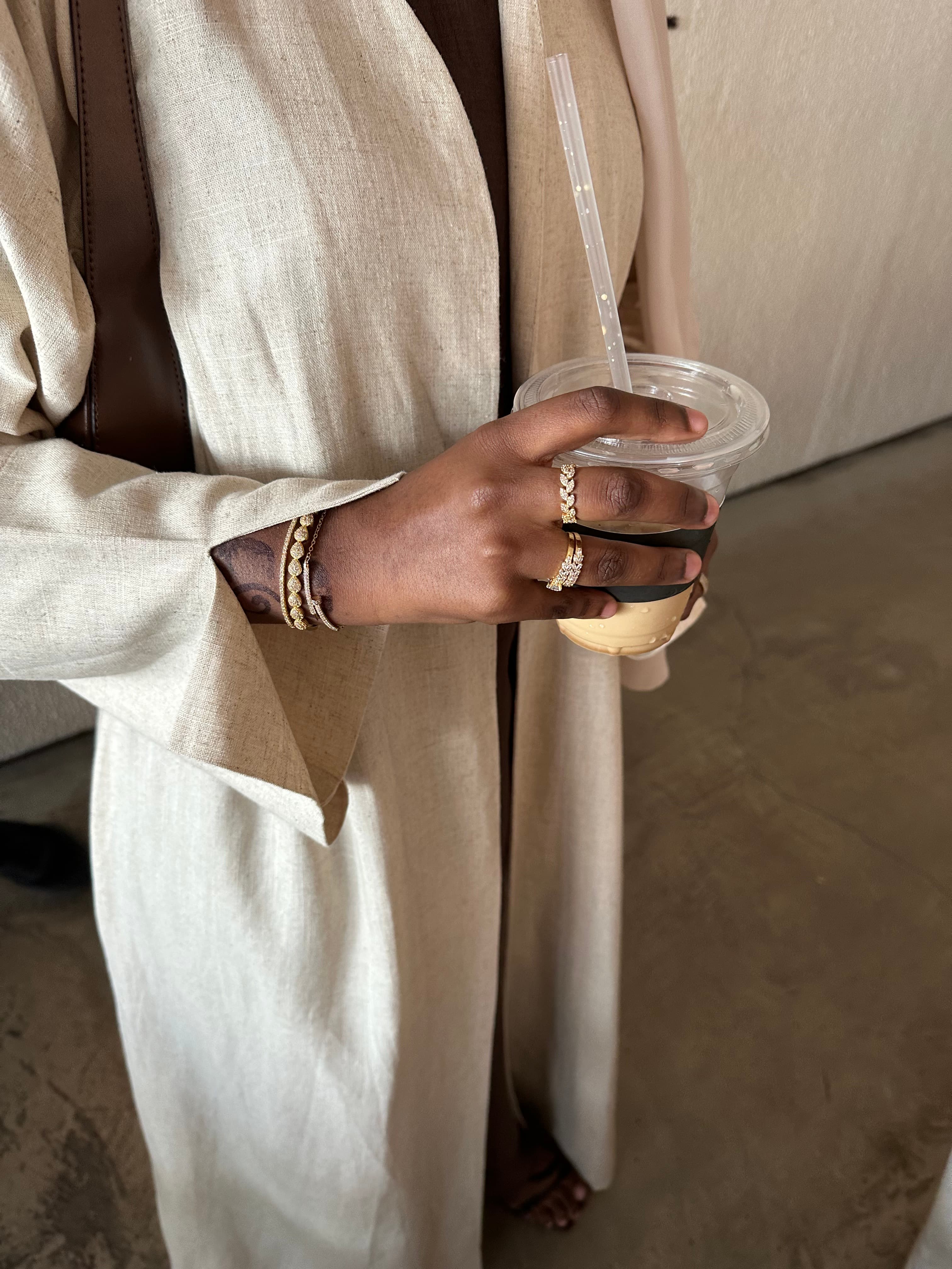 Linen Beige Open Abaya With Moon Hijab